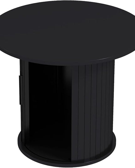 COSVALVE Round Wood Coffee Table 23.6IN with Hidden Storage & Sliding Door, Circle Farmhouse Side Table Sets for Living Room, Bedroom, Balcony, Small Spaces, Black