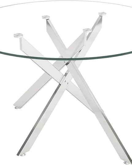 Round Glass Dining Table Set for 4, 47'' Clear Circular Kitchen Table and Chairs Set, 5PCS Modern Circle Dining Room Table Set with 4 Velvet Dining Chair for Home