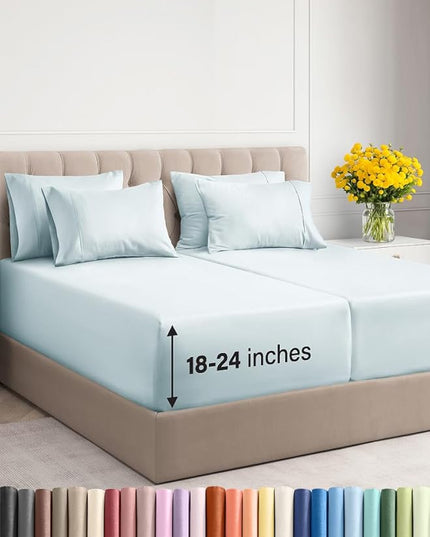 Extra Deep Split King Sheet Set - 7 Piece Breathable and Cooling Sheets - Hotel Luxury Bed Sheets Set - Easy Fit - Soft, Wrinkle Free and Comfy Sheets Set - Ice Blue Sheet Set with Extra Deep Pockets