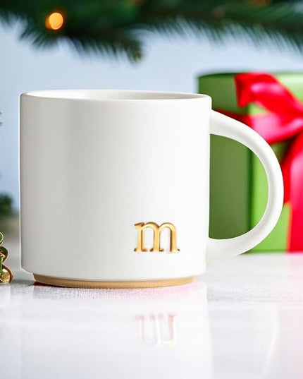 COLLECTIVE HOME - Monogram Ceramic Mugs, 15 oz Golden Initial Coffee Cups, Elegant Alphabet Tea Mugs, Elegant Personalized Mug with Gift Box, Luxurious Cups for Office and Home (m)