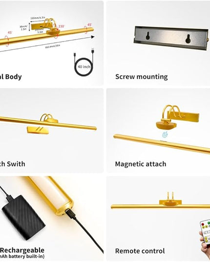 26" Wireless Picture Lights, Rechargeable Battery Art Display Light with Remote Control, Dimmable/Timer Off Dartboard Light, 3 Lighting Modes Full Metal Painting Display Lights (Gold-2 Pack)