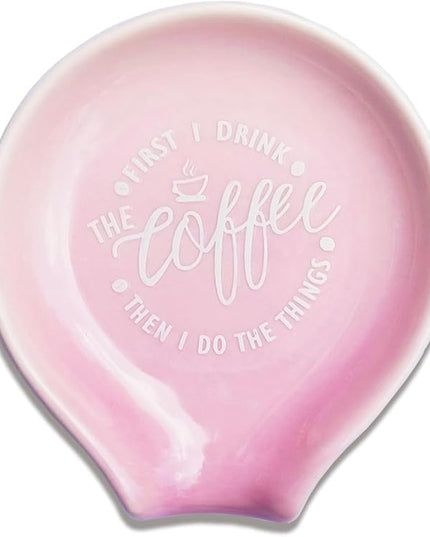 Funny Coffee Quote First I Drink The Coffee Then I Do The Things Ceramic Spoon Holder-Light Purple Coffee Spoon Rest -Cafe Station Bar Accessories