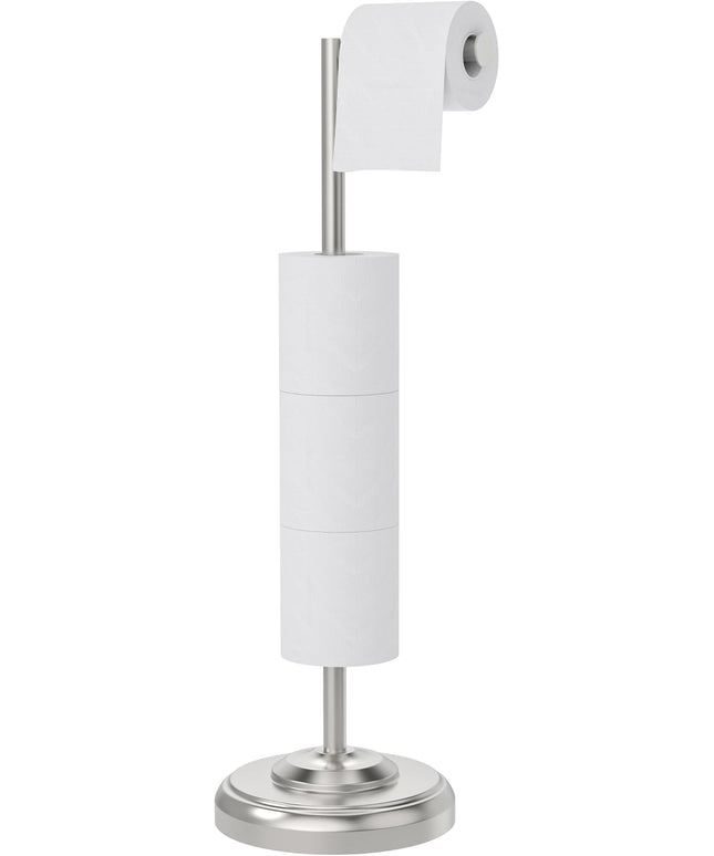 Toilet Paper Holder Stand with Storage – 4 Extra Rolls –Brushed Nickel Toilet Paper Holder for Bathroom – Sturdy Base, Classic Retro Style, Space-Saving Bathroom Storage Organizer, Sliver