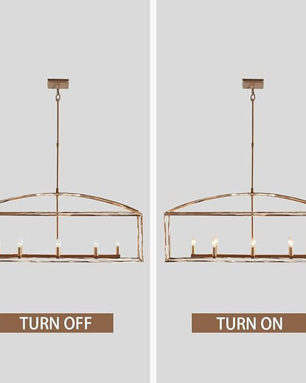 Farmhouse Iron Linear Chandelier, Industrial Cage Adjustable Height Hanging Lamp with Hammered Metal Finish, Light Fixtures for Kitchen Island, Dining Room, Hallway, Foyer, Entryway (Brass)