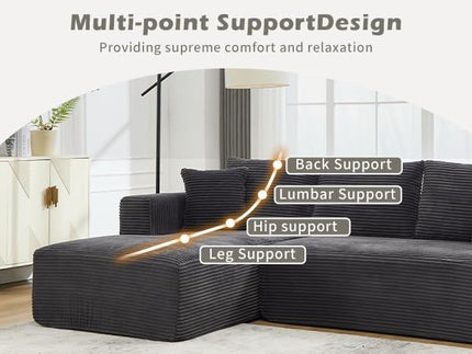 PELUMY 108.7" L-Shaped Cloud Couch with Memory Foam, Modular Sectional Sofa with Oversized Chaise, No Assembly Required Sleeper Sofa for Small Space Living Room, Apartment (Grey, Corduroy)