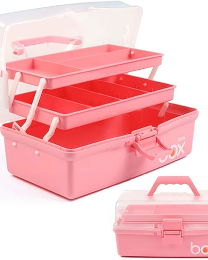 12in 3-Layer Plastic Craft Organizers and Storage, Portable Folding Tackle Box with Handle & Adjustable Dividers, Multipurpose Case for Sewing, Art Supplies, Medicine, Tools (Pink)