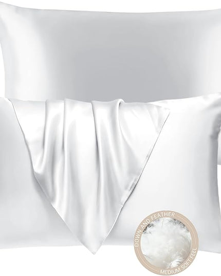 BHZ White Satin Goose Down Feather Pillows King Size Set of 2 with Pillowcase for Hair and Skin, Cooling Pillow Cases Similar to Silk Pillow Cases, Decorative for Women, Mom Men