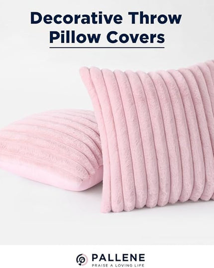 Pallene Faux Fur Plush Throw Pillow Covers 26x26 Set of 2, Luxury Soft Fluffy Striped Decorative Pillow Covers for Sofa, Couch, Living Room, Blush Pink