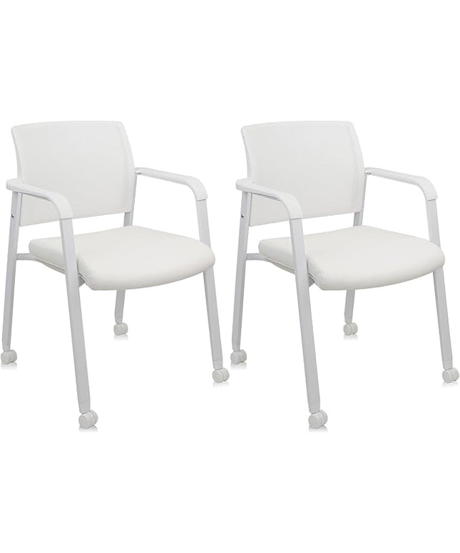 CLATINA Stacking Office Chairs | Mesh Back, Thicken Leather Seat and Arms, Ergonomic Lumber Support | Guest Reception, Waiting, Conference, School, Party, Customer, Side, Stationary | Set of 2, White