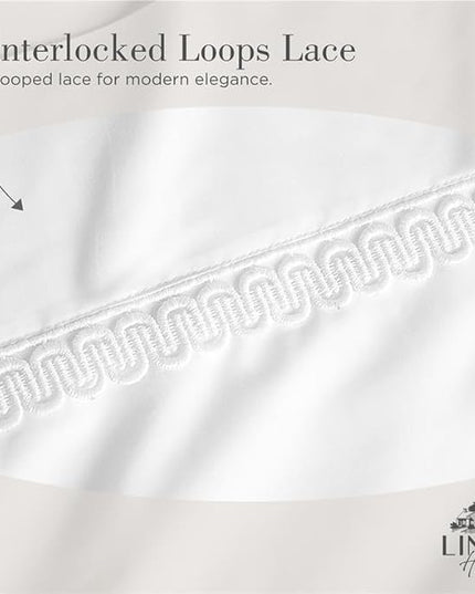Linen Home 100% Cotton Percale Interlocked Loops Lace Pillowcases King Size, White, 2 Pieces of Pillow Case, Crisp and Cool Strong Bed Linen, 20 inches X 40 inches