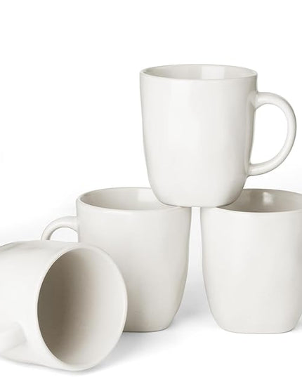famiware Coffee Mugs Set of 4, Ocean Square 13oz Coffee Cup Set with Handle for Cocoa, Milk, Hot Chocolate, Tea, Water, Stoneware Cups for Kitchen, Microwave and Dishwasher Safe, Matte White