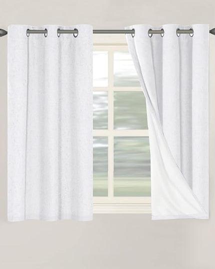 H.VERSAILTEX Primitive Linen Curtains 100% Blackout Curtain Drapes Burlap Curtains with White Thermal Insulated Liner, Grommet Top Curtain Living Room/Bedroom (2 Panels, 42 x 45 Inch, Pure White)