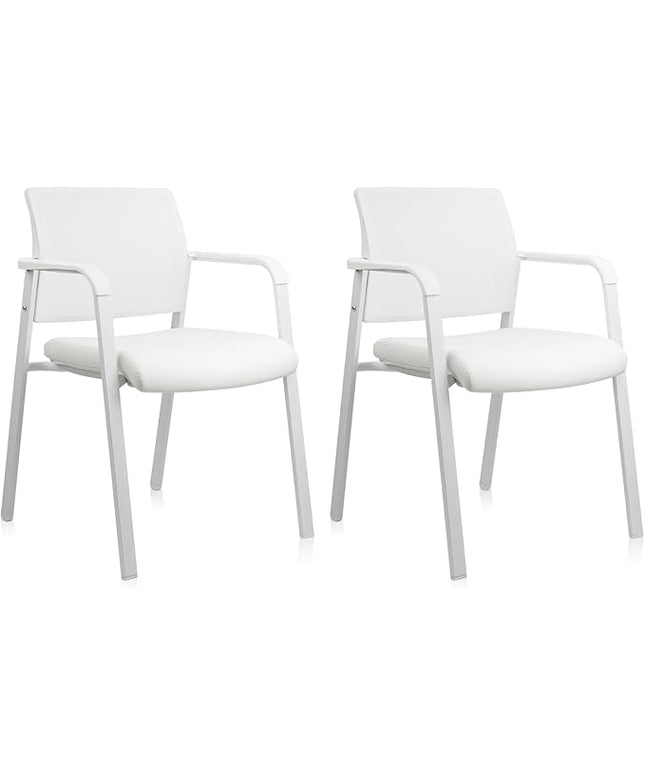 CLATINA Stacking Office Chairs | Mesh Back, Thicken Leather Seat and Arms, Ergonomic Lumbar Support | Guest Reception, Waiting, Conference, School, Party, Customer, Side, Stationary | Set of 2, White