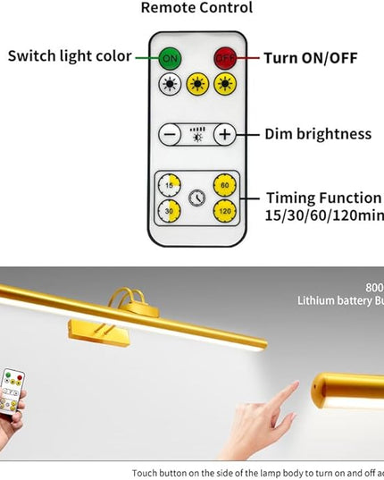 26" Wireless Picture Lights, Rechargeable Battery Art Display Light with Remote Control, Dimmable/Timer Off Dartboard Light, 3 Lighting Modes Full Metal Painting Display Lights (Gold-2 Pack)