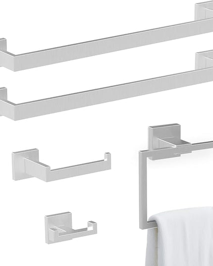 BOZWELL 5 Piece Brushed Nickel Stainless Steel Towel Bar Set, 23.6 inch Square Bathroom Hardware Accessories Set,Wall Mounted Towel Racks for Bathroom