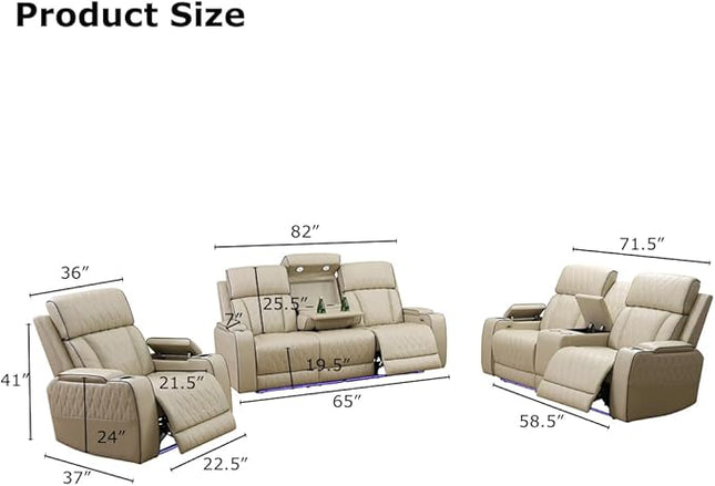 Leather Reclining Sofa Set, Power Recliner Sofa Sectional Couches with Drop-Down Table, Living Room Furniture, Reclining Sofa with Cup Holders/Storage Console for House(Beige)