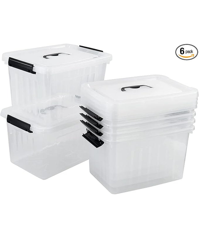 Plastic Storage Bins with Lids, 6 Pack Storage Organizer, 10 L Stackable Storage Bins with Buckle-Up Latches and Handle, Storage Totes for Home Office Pantry Organization, Clear