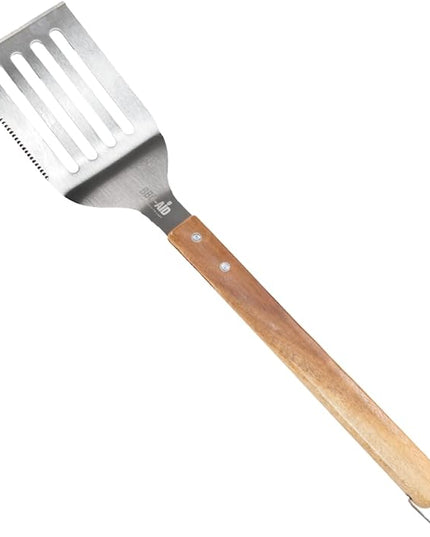 BBQ-AID Pro BBQ Metal Spatula - 17" Barbecue Spatula Stainless Steel with Serrated Knife Edge - Acacia Wood Handle - Heavy Duty Built to Last