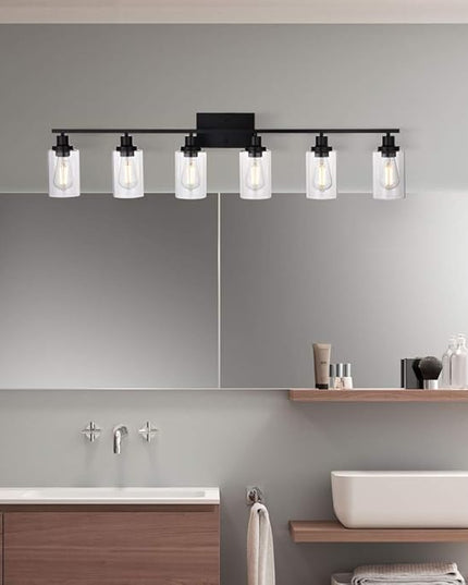 MELUCEE Black Vanity Light Fixture 6-Light Industrial Metal Wall Sconce Bathroom Lighting for Bedroom Hallway Kitchen, Clear Glass Shade Included (Patent No.: US D963914 S)