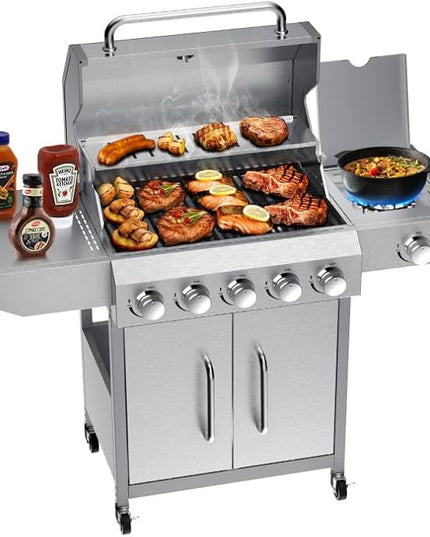 Bestfire 68,000 BTU 5 Burner Propane Gas Grill with Side Burner-Professional-Grade Stainless Steel Outdoor BBQ Grill-647 sq in Cooking Space&Porcelain Cast Iron Grrates-Patio Cart Design for Backyard