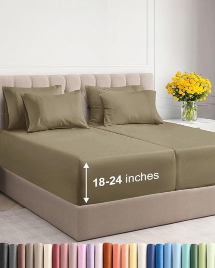 Extra Deep Split King Sheet Set - 7 Piece Breathable & Cooling Sheets - Hotel Luxury Bed Sheets Set - Easy & Secure Fit - Soft, Wrinkle Free & Comfy Sheets Set - Khaki Sheet Set w/Extra Deep Pockets
