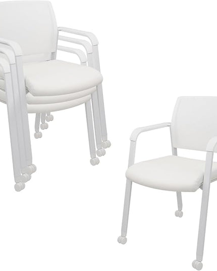 CLATINA Stacking Office Chairs with Wheels | Mesh Back, Thicken Leather Seat and Streamline Armrests, Ergonomic Lumber Support | School, Desk, Guest Reception, Waiting, Conference | Set of 4, White