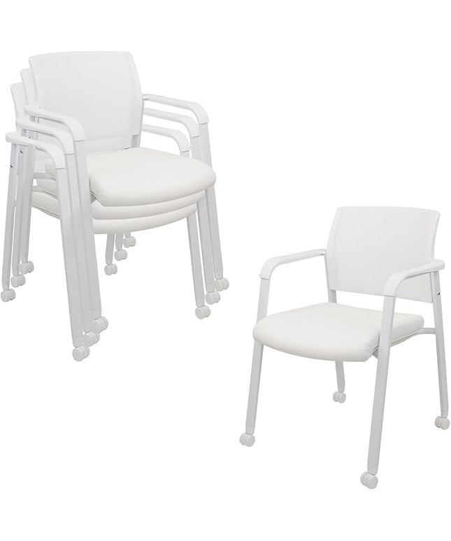 CLATINA Stacking Office Chairs with Wheels | Mesh Back, Thicken Leather Seat and Streamline Armrests, Ergonomic Lumber Support | School, Desk, Guest Reception, Waiting, Conference | Set of 4, White