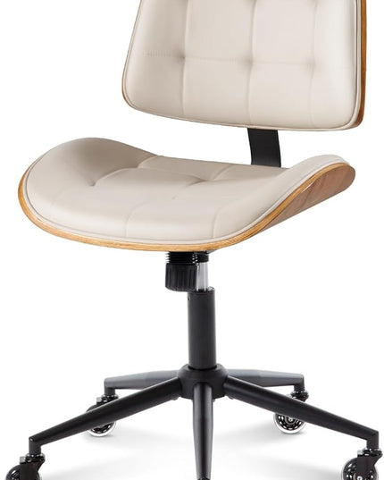 Home Office Desk Chair with Wheels, Adjustable Height Armless Office Chair, PU Leather Mid Back 360° Small Computer Chair, Modern Walnut Chair No Arms for Office, Reading Meeting Room(Beige)