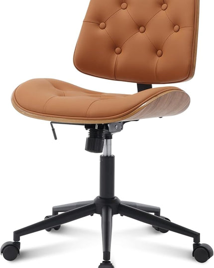 Armless Home Office Chair with Wheels, PU Leather Adjustable Height Computer Desk Chair, 360 Swivel Small No Arms Chair, Modern Button Walnut Style for Office, Reading Meeting Room(Brown)