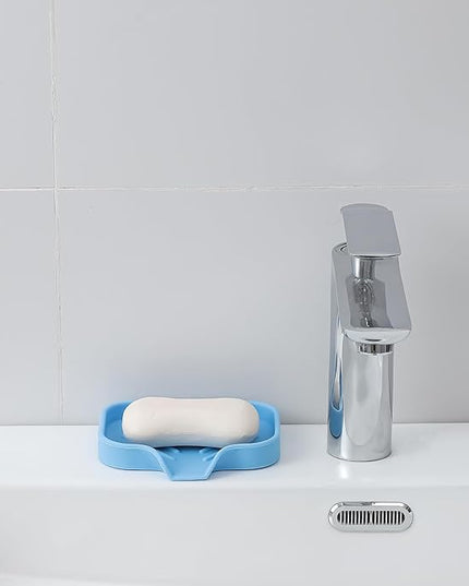 Silicone Bathroom Soap Dishes with Drain Spout-Bathroom and Kitchen Sink Organizer,Sponge Holder,Dish Soap Tray,Perfect for Dispenser,Scrubber,Bottle on Sink or Counter-Light Blue 4.9"×3.2"