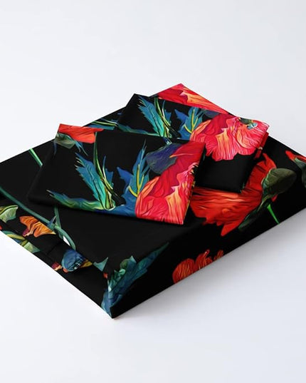 Black Floral Duvet Cover Set Full/Queen Comforter Cover Sets 90"x90" 3 Pieces Bedding Soft Lightweight Flower Bedding