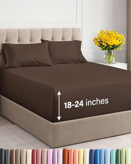 Extra Deep Twin XL Sheet Set - 4 Piece Breathable & Cooling Sheets - Hotel Luxury Bed Sheets Set - Easy & Secure Fit - Soft, Wrinkle Free & Comfy Sheets Set - Brown Sheet Set with Extra Deep Pockets