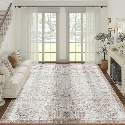 jinchan Kalen Area Rug 9x12 Washable Living Room Rug Vintage Indoor Large Floor Cover Retro Accent Mat Distressed Floral Country Boho Non Slip Thin Carpet for Bedroom Dining Room Office Red Multi