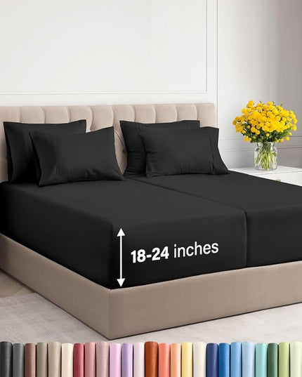 Extra Deep Split King Sheet Set - 7 Piece Breathable & Cooling Sheets - Hotel Luxury Bed Sheets Set - Easy & Secure Fit - Soft, Wrinkle Free & Comfy Sheets Set - Black Sheet Set w/Extra Deep Pockets