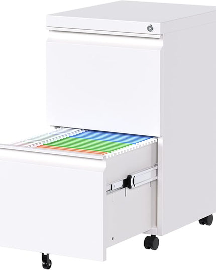 METAN 2 Drawer File Cabinet with Lock, Mobile Under Desk Filing Cabinet for Office Legal/Letter Size, Fully Assembled Except Wheels,White