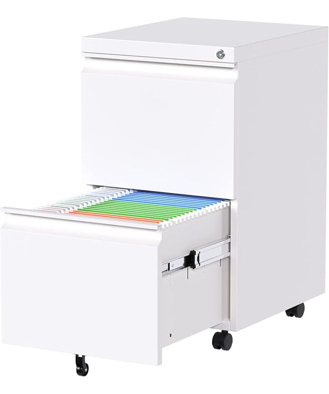 METAN 2 Drawer File Cabinet with Lock, Mobile Under Desk Filing Cabinet for Office Legal/Letter Size, Fully Assembled Except Wheels,White
