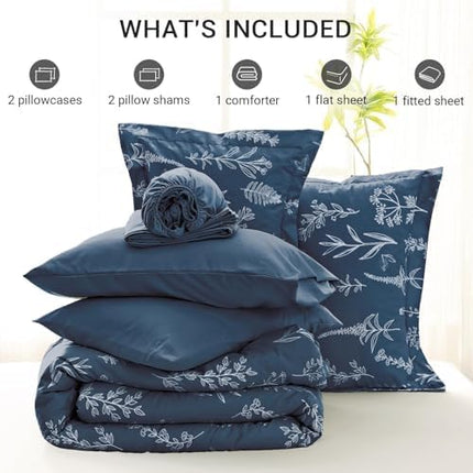 MUXHOMO Navy Blue Bed in a Bag Queen 7 Pieces, Queen Comforter Set Reversible Botanical Flowers Design, Ultra Soft & Breathable Bedding Sets with Comforter, Sheets, Pillowcases & Shams