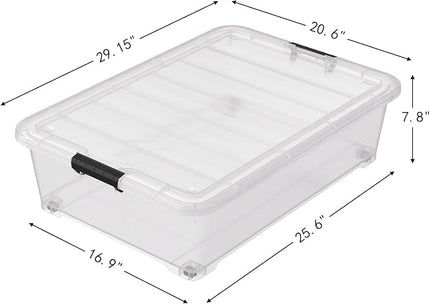 50 Quart Multipurpose Under Bed Storage Container Bins with Secure Latch Lid & Wheels, Underbed Storage Organizer Box, 3-Pack, Clear