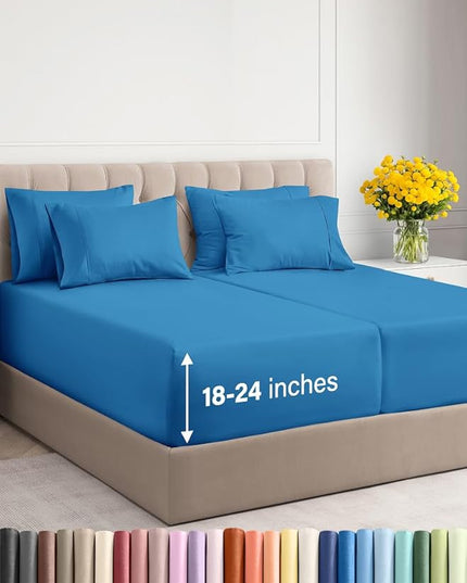 Extra Deep Split King Sheet Set - 7 Piece Breathable & Cooling Sheets - Hotel Luxury Bed Sheets Set - Easy Fit - Soft, Wrinkle Free & Comfy Sheets Set - Denim Blue Sheet Set with Extra Deep Pockets