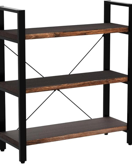 Natural Real Solid Wood Bookcase,3 Tier Metal and Wood Open Book Shelf Storage Farmhouse Wide Etagere Bookcase for Office Living Bedroom