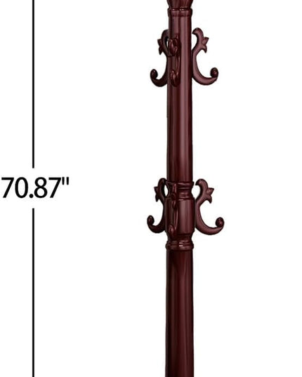 Coat Rack Freestanding, Wooden Coat Tree with Stable Round Base, Vintage Heavy Duty Coat Rack Stand with 14 Hooks, Coat Hanger Stand for Bedroom, Office, Entryway (Mahogany)