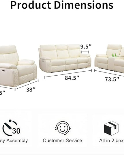 Power Leather Sofa and 2 Chairs Set, Recliner Sofa Set with LED Light, Living Room Furniture Sets, Modern Power Reclining Sets with Cup Holder/Storage Console for House, Vanilla White