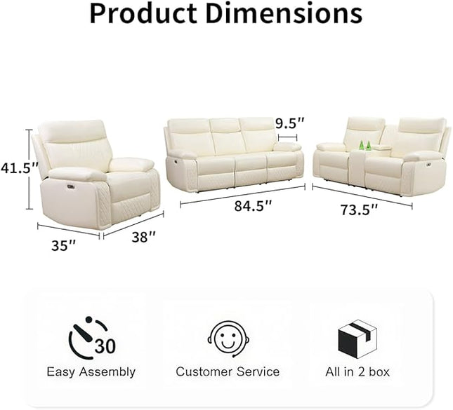 Power Leather Sofa and 2 Chairs Set, Recliner Sofa Set with LED Light, Living Room Furniture Sets, Modern Power Reclining Sets with Cup Holder/Storage Console for House, Vanilla White