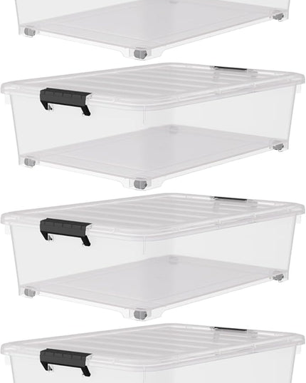 25 Quart Under Bed Clear Latch Bin with Wheel, Plastic Under Bed Storage Box, 4 Pack