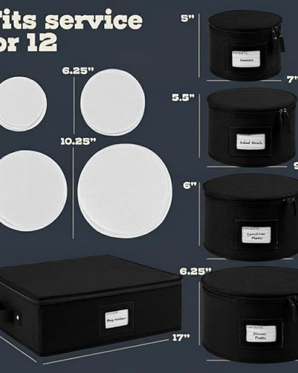 Hard Shell China Storage Containers 5-Piece Set Moving Boxes for Dinnerware, Glasses, Plates, Mugs and Saucers Sturdy Dish Organizer with Dividers for Seasonal Storage - Service for 12 - Black Quilted