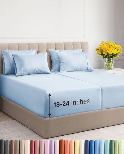Extra Deep Split King Sheet Set - 7 Piece Breathable and Cooling Sheets - Hotel Luxury Bed Sheets Set - Easy Fit - Soft, Wrinkle Free and Comfy Sheets Set - Sky Blue Sheet Set with Extra Deep Pockets