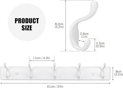 Wooden Coat Rack, Wall-Mounted Organizer for Closet, Entryway, Hallway, Foyer, Bedroom, Heavy Duty Double Hooks for Hanging Towels, Bags, Hats, Jackets, Key (White, 5 Hooks)