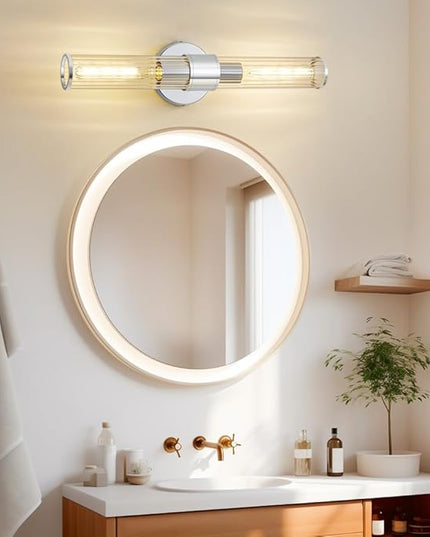 Bathroom Vanity Light Fixtures, Chrome Wall Sconce in Threaded Glass, Modern Wall Light Up and Down Wall Mount Lamp for Bathroom, Living Room, Hallway, Kitchen - Bulb Not Included