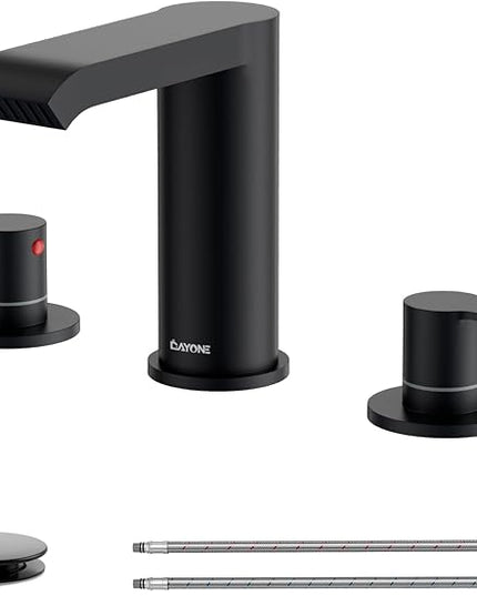 DAYONE Matte Black 3 Holes Bathroom Sink Faucet Widespread, 2 Handles Lavatory Vanity Faucet with Pop Up Drain & Supplies Lines
