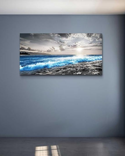 Hyidecorart Framed Canvas Wall Art - Large Size Decor for Office, Living Room, Bedroom - Blue Ocean, Black & White Modern Pictures